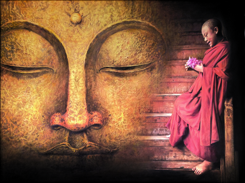 Peace on Every Step - Buddha  a monk praying  (52x38 inch)