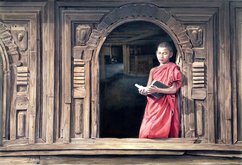 The Quest of Knowledge - Monk Studying on window (26x38 inch)